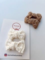 Ekru-kahve dantel klips toka. (çift)